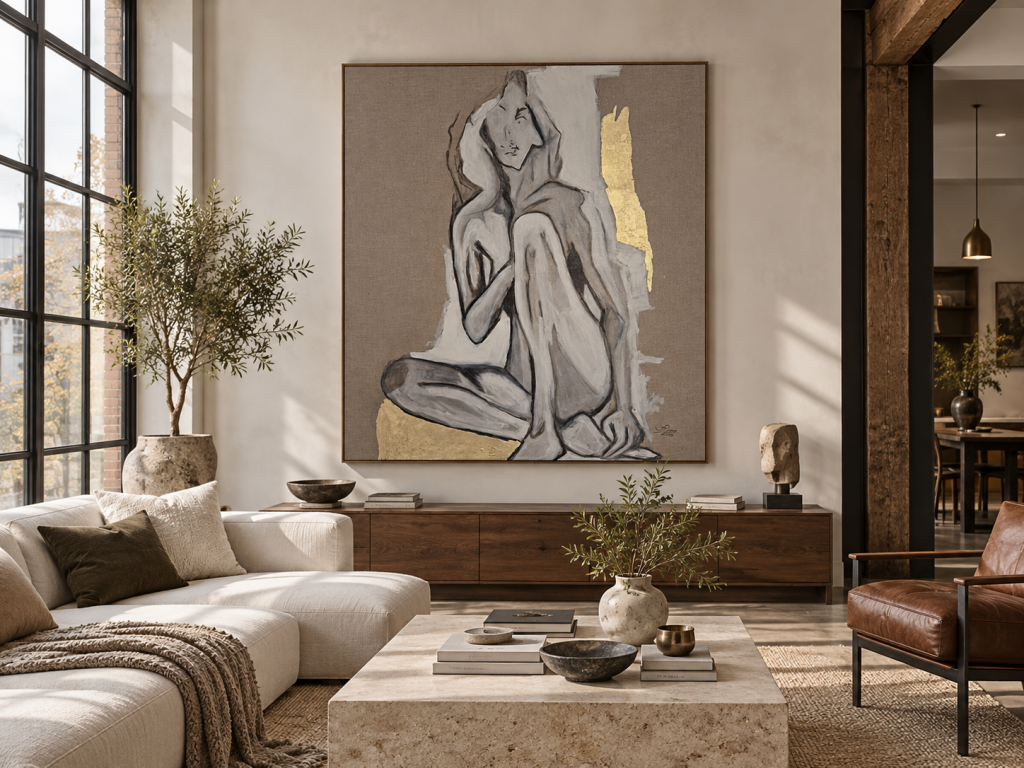 Raumvisualisierung von IN HER OWN SPACE von Joanna Rutkowska in einem warm gestalteten Wohnzimmer mit beigefarbenen Sitzmöbeln und Holzelementen.