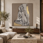 Raumvisualisierung von IN HER OWN SPACE von Joanna Rutkowska in einem warm gestalteten Wohnzimmer mit beigefarbenen Sitzmöbeln und Holzelementen.