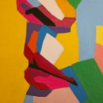 AUDREY TIMELESS von Joanna Rutkowska – Detail von Mund und Kinn mit roten Lippen, geometrischen Farbflächen und kräftigen Kontrasten.