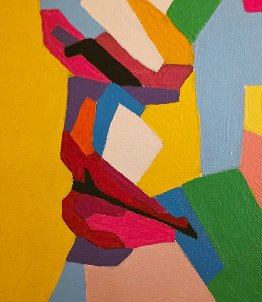 AUDREY TIMELESS von Joanna Rutkowska – Detail von Mund und Kinn mit roten Lippen, geometrischen Farbflächen und kräftigen Kontrasten.