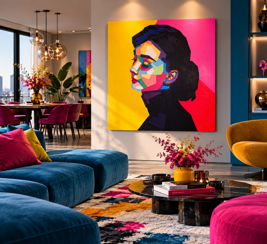 aumvisualisierung von AUDREY TIMELESS von Joanna Rutkowska in einem modernen Loft mit blauem Sofa, pinkfarbenen Akzenten und großzügigen Fenstern.