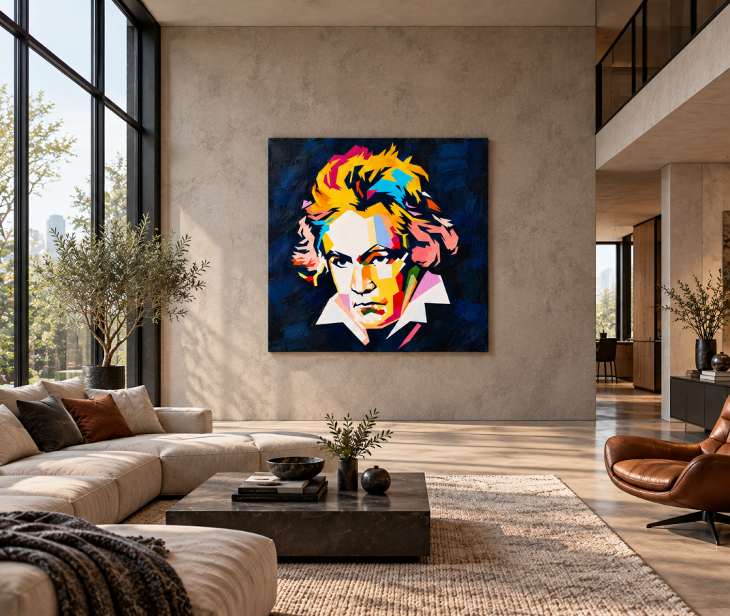 Raumvisualisierung des farbigen Beethoven-Porträts von Joanna Rutkowska an einer hellen Wand in einem modernen Loft mit beigem Sofa und großen Fenstern.