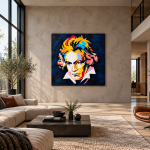 Raumvisualisierung des farbigen Beethoven-Porträts von Joanna Rutkowska an einer hellen Wand in einem modernen Loft mit beigem Sofa und großen Fenstern.