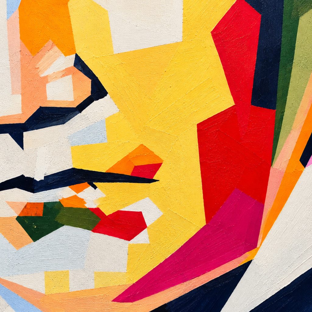 BEETHOVEN – THE SOUND OF COLOR – Nahaufnahme von Beethovens Mund und Gesicht mit kantigen gelben, roten, orangefarbenen und weißen Farbflächen.