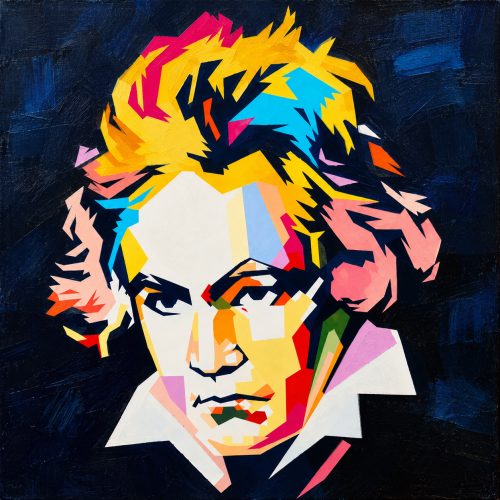 BEETHOVEN – THE SOUND OF COLOR von Joanna Rutkowska – farbstarkes Beethoven-Porträt in Gelb, Orange, Türkis und Magenta auf dunkelblauem Hintergrund.