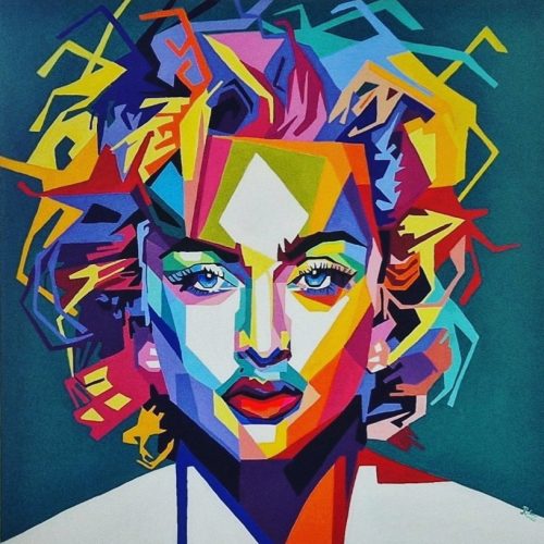 Detailansicht des Pop-Art-Gemäldes Like a Virgin von Joanna Rutkowska mit kräftigen Farben und plastischer Acrylstruktur.