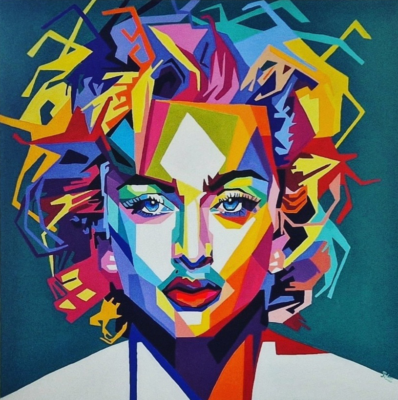 Detailansicht des Pop-Art-Gemäldes Like a Virgin von Joanna Rutkowska mit kräftigen Farben und plastischer Acrylstruktur.