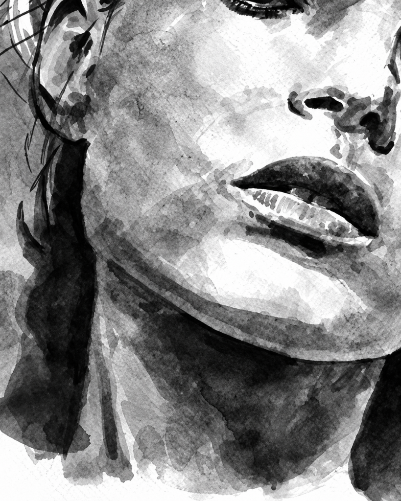 EMPTY INSIDE – Nahaufnahme von Mund, Kinn und Hals des Frauenporträts mit kräftigen schwarzen Tuscheflächen und weichen Grauschattierungen.