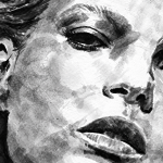 EMPTY INSIDE von Joanna Rutkowska – Detail des Frauenporträts mit ausdrucksstarken Augen, dunklen Augenbrauen und fließenden Tuscheschattierungen.