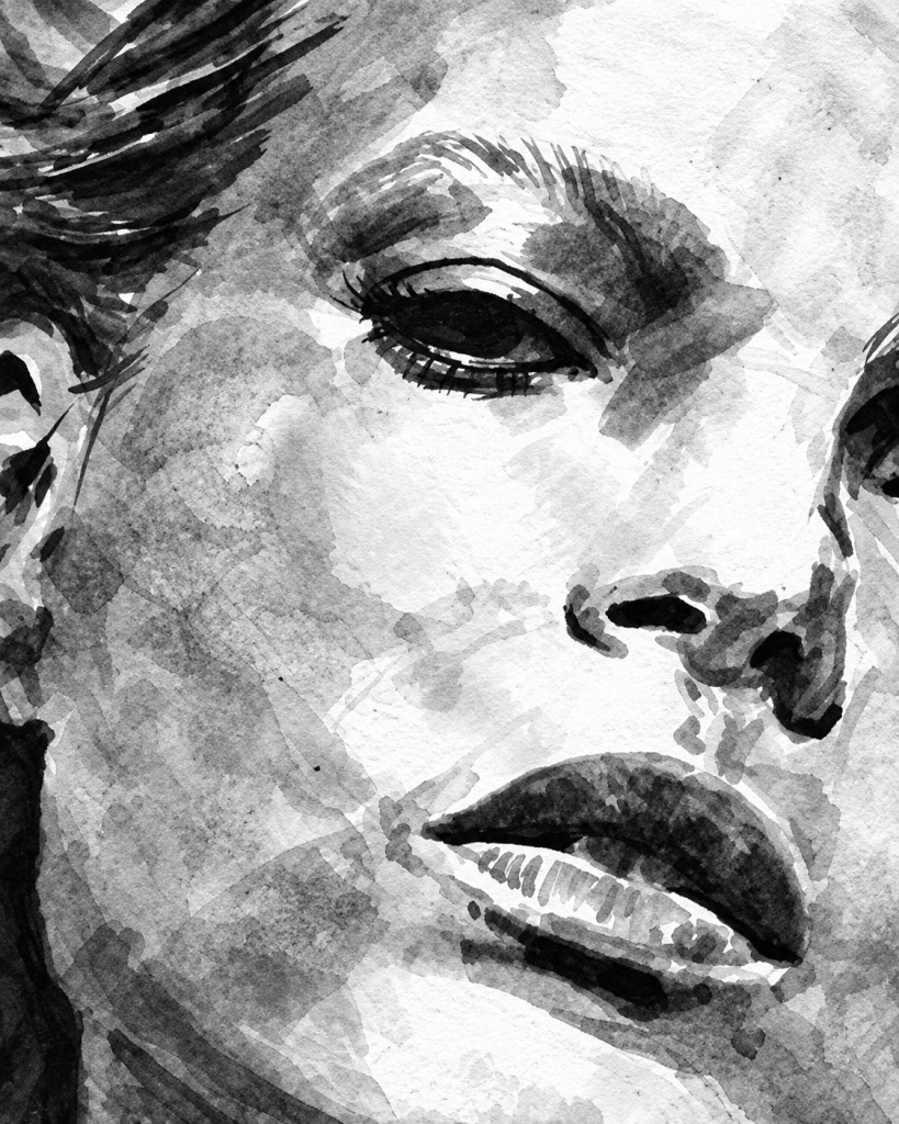 EMPTY INSIDE von Joanna Rutkowska – Detail des Frauenporträts mit ausdrucksstarken Augen, dunklen Augenbrauen und fließenden Tuscheschattierungen.