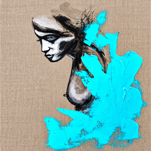 UNSPOKEN TURQUOISE von Joanna Rutkowska – nachdenkliches Frauenporträt im Seitenprofil mit leuchtend türkisen, plastischen Farbstrukturen auf naturbelassener Leinwand.