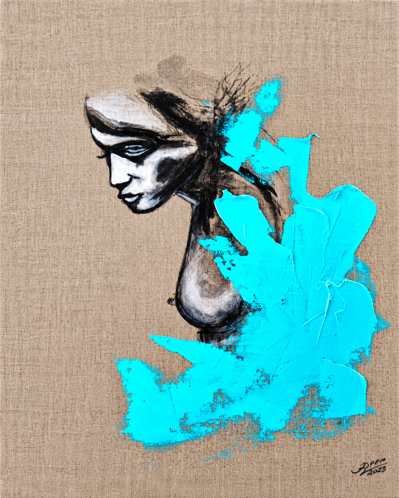 UNSPOKEN TURQUOISE von Joanna Rutkowska – nachdenkliches Frauenporträt im Seitenprofil mit leuchtend türkisen, plastischen Farbstrukturen auf naturbelassener Leinwand.