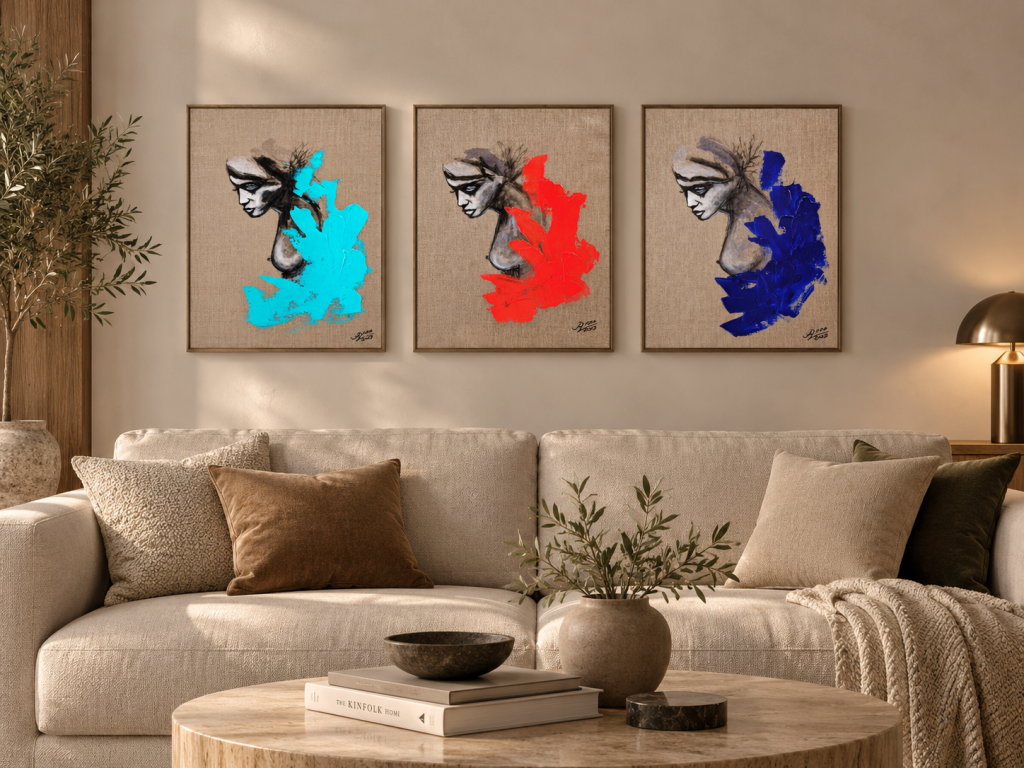 UNSPOKEN-Kunstserie von Joanna Rutkowska – drei figurative Originalgemälde in Türkis, Rot und Kobaltblau auf naturbelassener Leinwand über einem beigen Sofa.