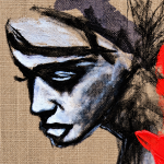 UNSPOKEN SCARLET von Joanna Rutkowska – Nahaufnahme eines Frauengesichts mit gesenktem Blick, markanten schwarzen Konturen und Grautönen auf naturbelassener Leinwand.